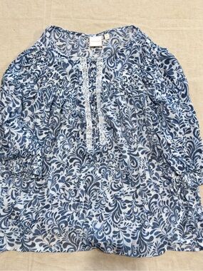 Zac & Rachel Boho Lace-Trim Peasant Top in Navy and White